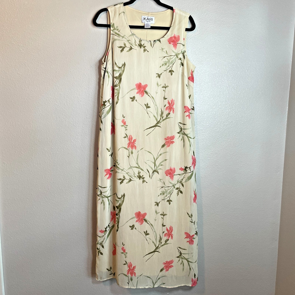 Vintage KARI NEW YORK Dress Size 16 Floral Sleeveless Lined Slit Tan Pink